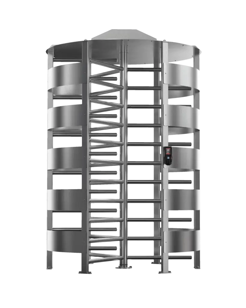 Puerta giratoria de alta seguridad fabricada en acero inoxidable, diseñada para el control de acceso en entornos exigentes, con integración a software de gestión y operación autónoma mediante sistema IDSecure.