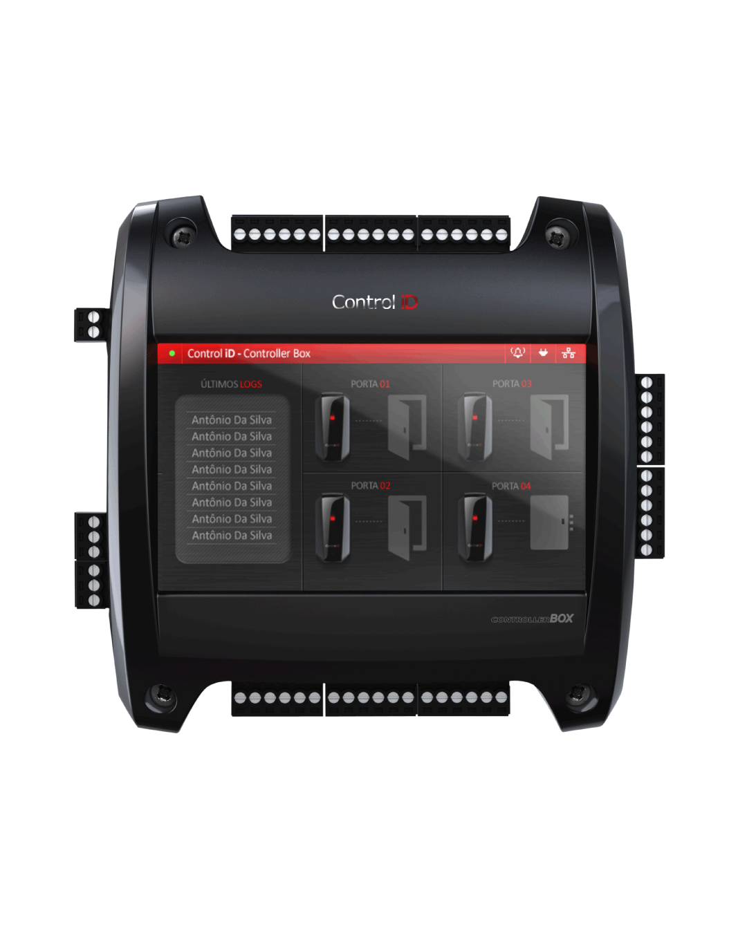 ontroladora iDBox de Control iD con pantalla táctil y webserver integrado, para configuración de accesos y horarios con lectores biométricos y de proximidad.