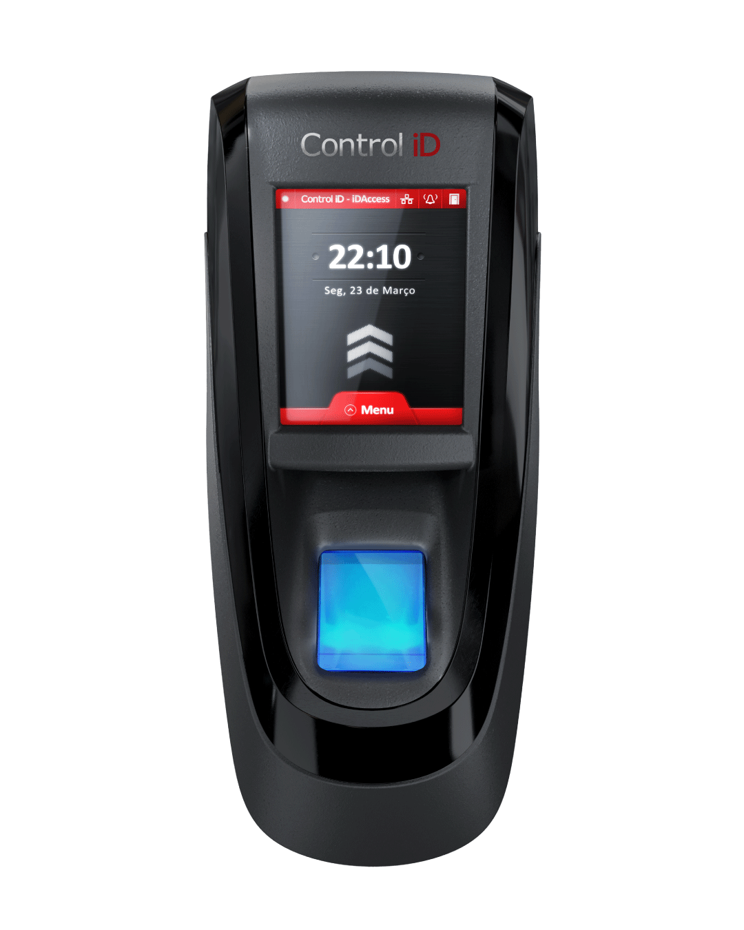 Dispositivo biométrico iDAccess Nano de Control iD con lector de huella digital, diseñado para controlar el acceso de personas con capacidad de identificación de hasta 100.000 huellas.