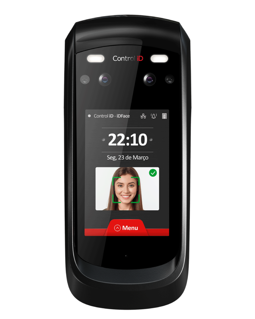 Dispositivo biométrico IDFace de Control iD con pantalla táctil, reconocimiento facial y detección de rostros vivos, ideal para control de acceso empresarial