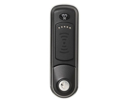 Cerradura de combinación digital alargada de color negro para tecnología RFID, con logo en la parte superior y ranura para llave en la parte inferior